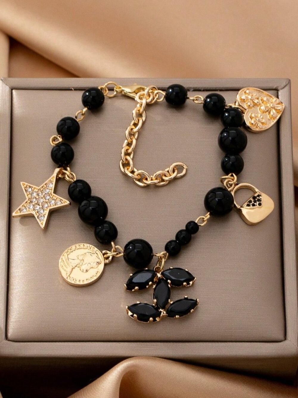 Black Crystal Star Coin Charm Bracelet